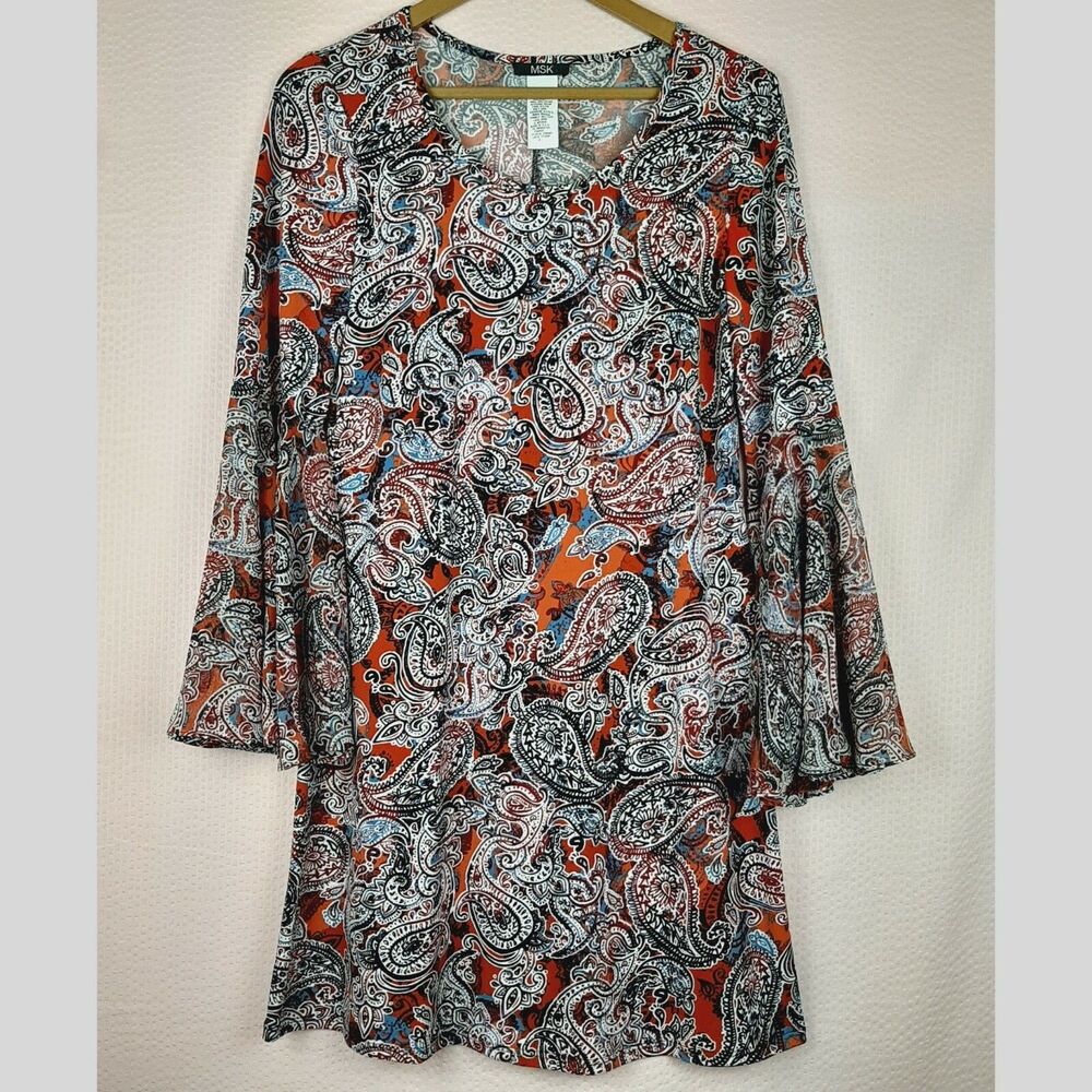 MSK Women Dress Paisley Beautiful Sheer Bell Sleeve Made in USA Size S